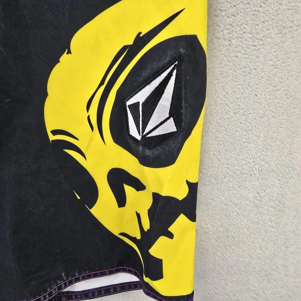 Vintage Volcom Board Shorts Mens 34 Black Y2K Neon Skull Swim Surf Artist Series